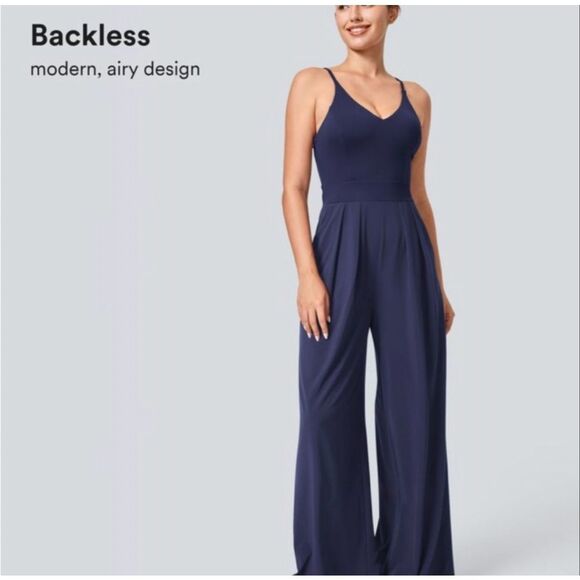 Halara Navy Blue Backless Flowy Wide Leg Dressy Jumpsuit With Pockets Size L - Picture 2 of 13